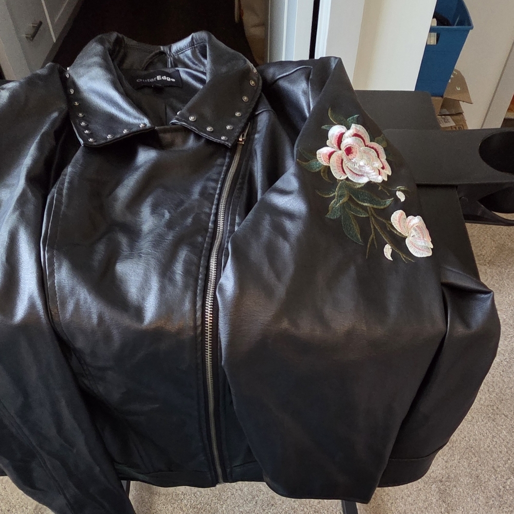 Outer Edge Black Leather Jacket with Floral Design